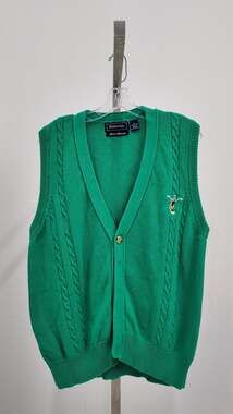 Vintage Hathaway "Hand Intarsia" Green Cable Knit Golf Cardigan Vest - Size L